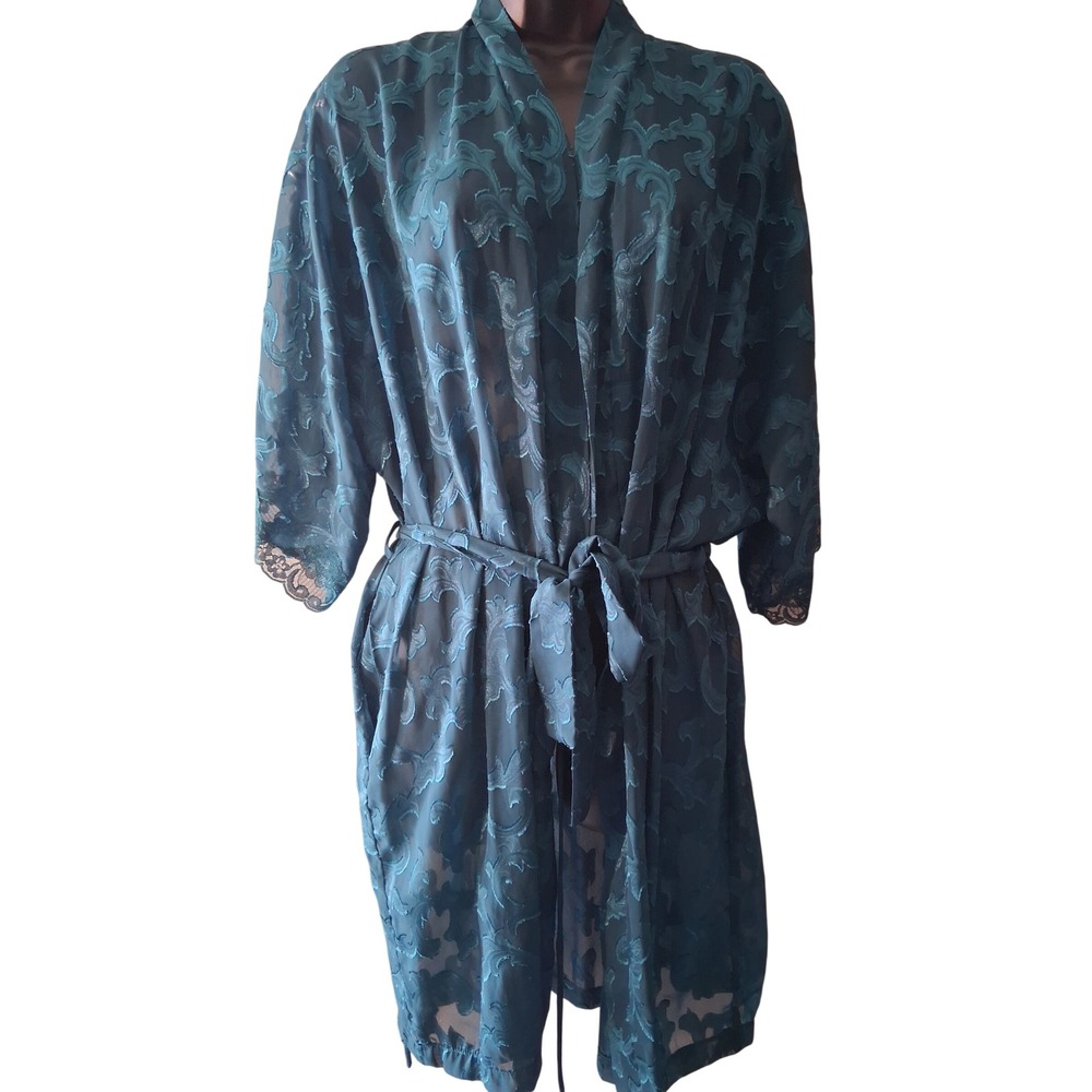 Fredericks of Hollywood Teal Sheer Mesh Lace Trim Robe Damask Scroll Vintage L‎ - Picture 7 of 12